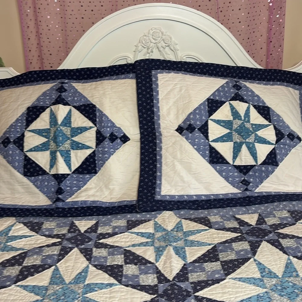 Vintage Quilt Patchwork Vintage Pattern Star Hand Crafted Handmade Blue White